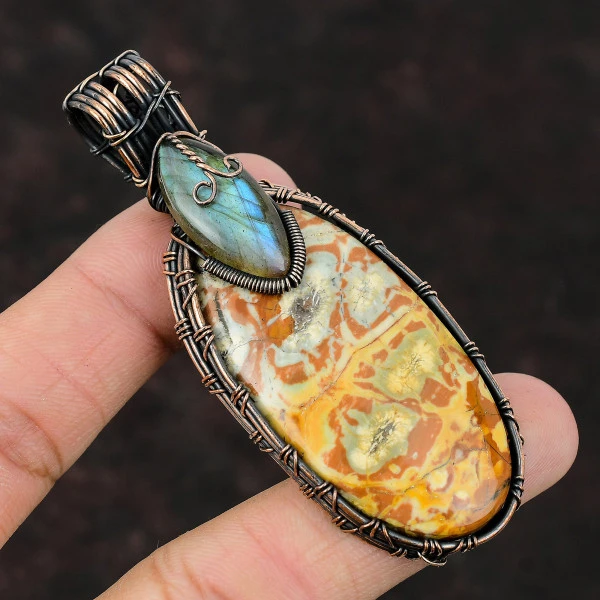 Birds Eye Jasper Oval Yellow Handmade Copper Wire Wrapped Pendant