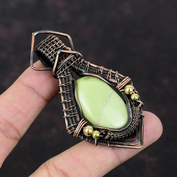 Serpentine Oval Green Handmade Copper Wire Wrapped Pendant