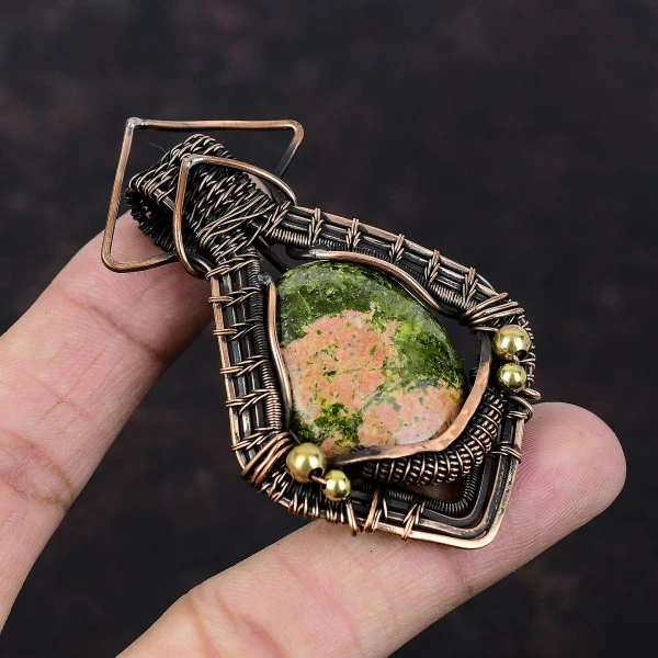 Unakite Oval Green Handmade Copper Wire Wrapped Pendant