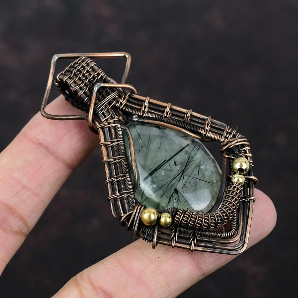 Moss Prehnite Oval Green Handmade Copper Wire Wrapped Pendant