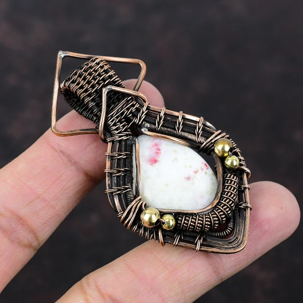 Cinnabar Oval White Handmade Copper Wire Wrapped Pendant
