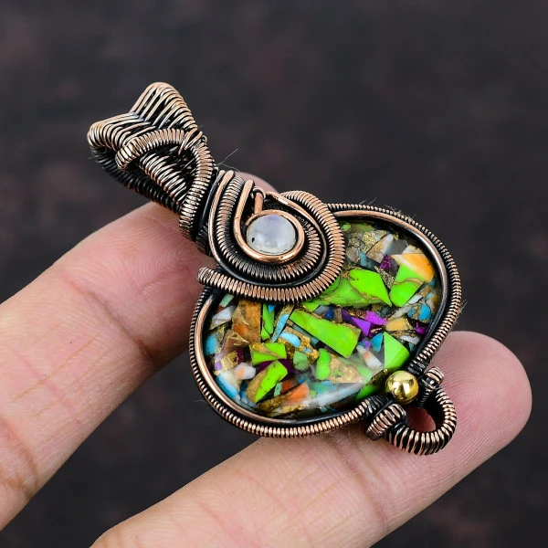 Fiesta Kingman Turquoise Oval Green Handmade Copper Wire Wrapped Pendant