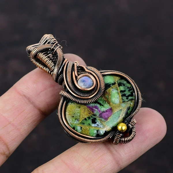 Copper Ruby Zoisite Oval Green Handmade Copper Wire Wrapped Pendant