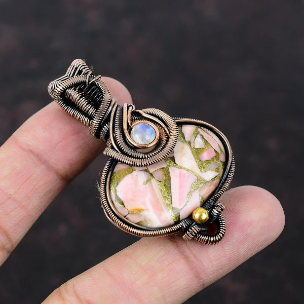 Copper Pink Opal Oval Pink Handmade Copper Wire Wrapped Pendant