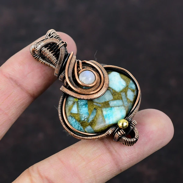 Copper Amazonite Oval Green Handmade Copper Wire Wrapped Pendant
