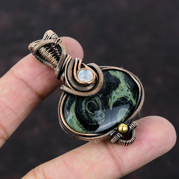 Kambaba Jasper Oval Green Handmade Copper Wire Wrapped Pendant