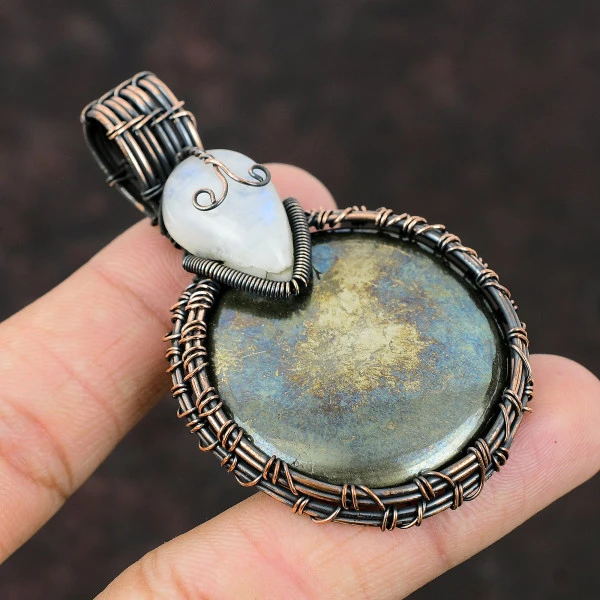 Pyrite Round Black Handmade Copper Wire Wrapped Pendant