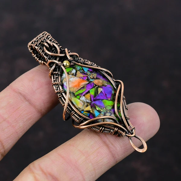 Fiesta Kingman Turquoise Oval Purple Handmade Copper Wire Wrapped Pendant
