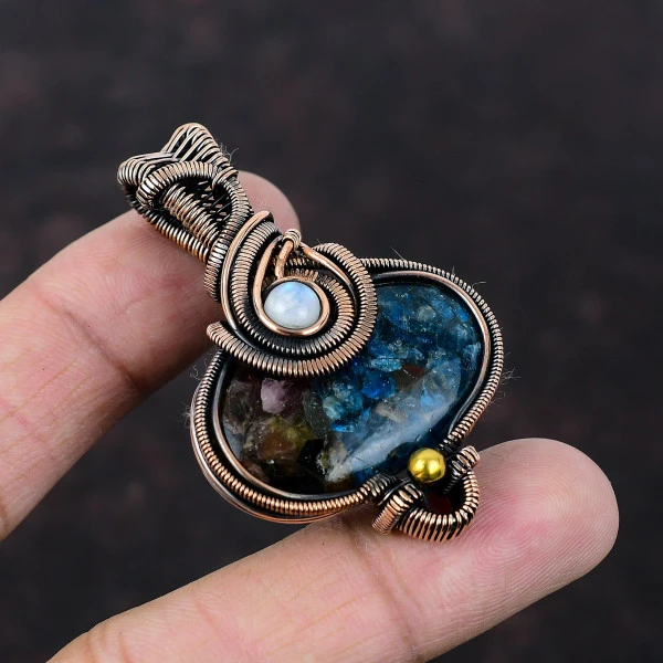 Watermelon Tourmaline Oval Blue Handmade Copper Wire Wrapped Pendant