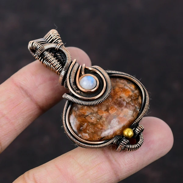 Sunstone Oval Orange Handmade Copper Wire Wrapped Pendant