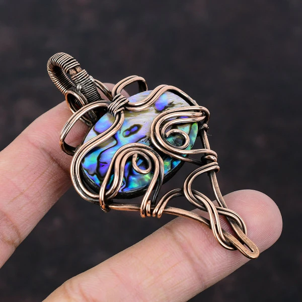 Abalone Shell Oval Green Handmade Copper Wire Wrapped Pendant