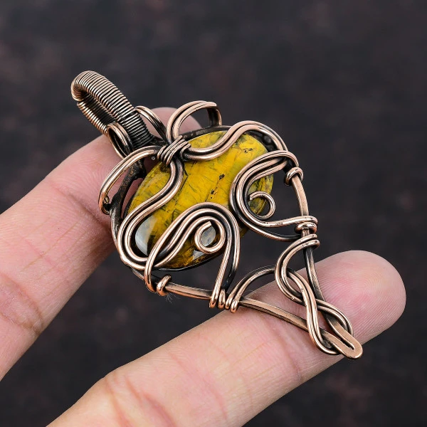 Nellite Oval Yellow Handmade Copper Wire Wrapped Pendant