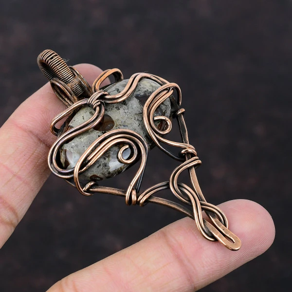 Rock Calci Oval Gray Handmade Copper Wire Wrapped Pendant