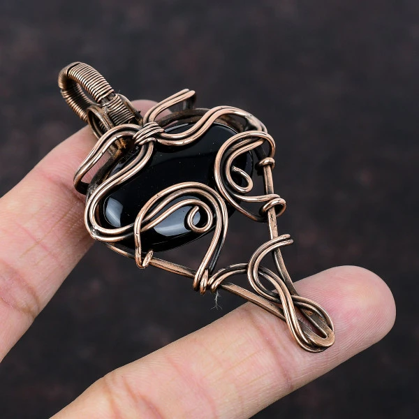 Black Onyx Oval Black Handmade Copper Wire Wrapped Pendant
