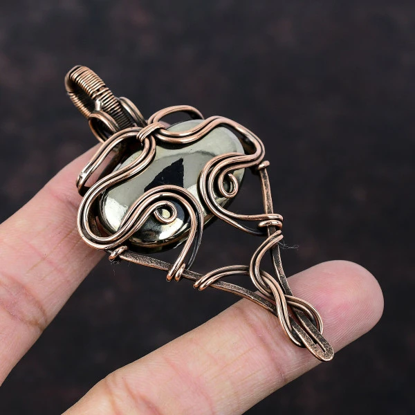 Pyrite Oval Gold Handmade Copper Wire Wrapped Pendant