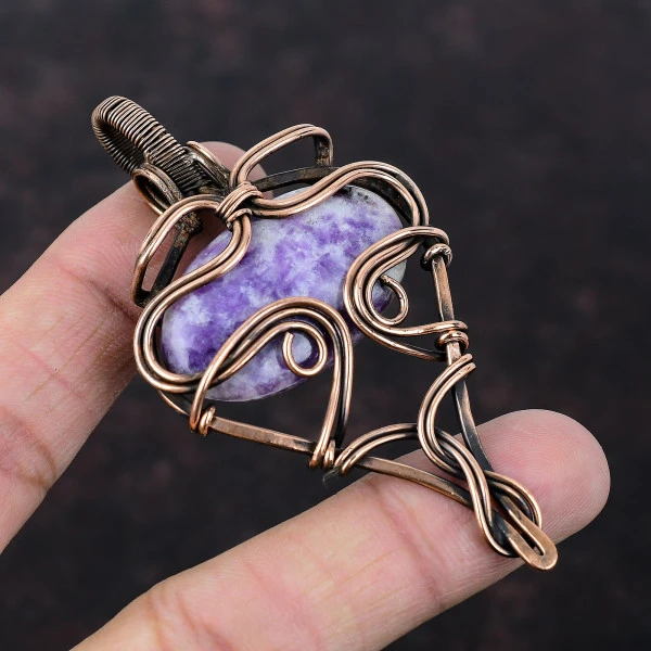 Lepidolite Oval Purple Handmade Copper Wire Wrapped Pendant