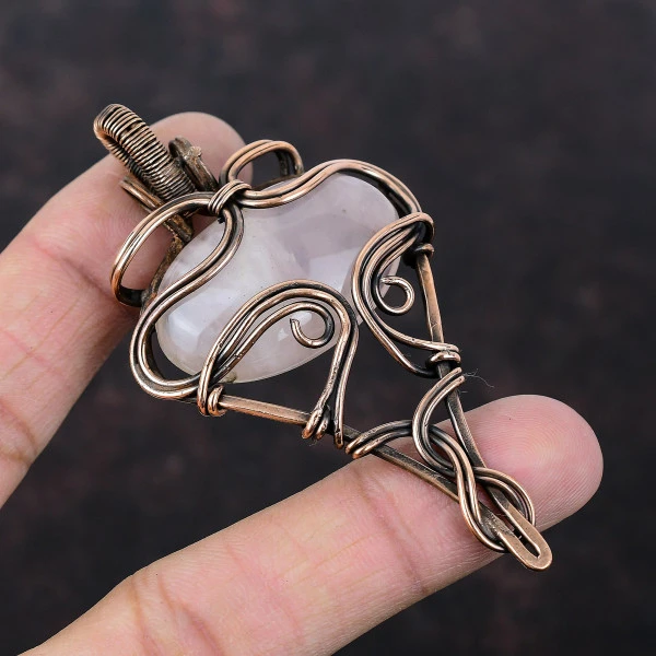 Rose Quartz Oval Pink Handmade Copper Wire Wrapped Pendant
