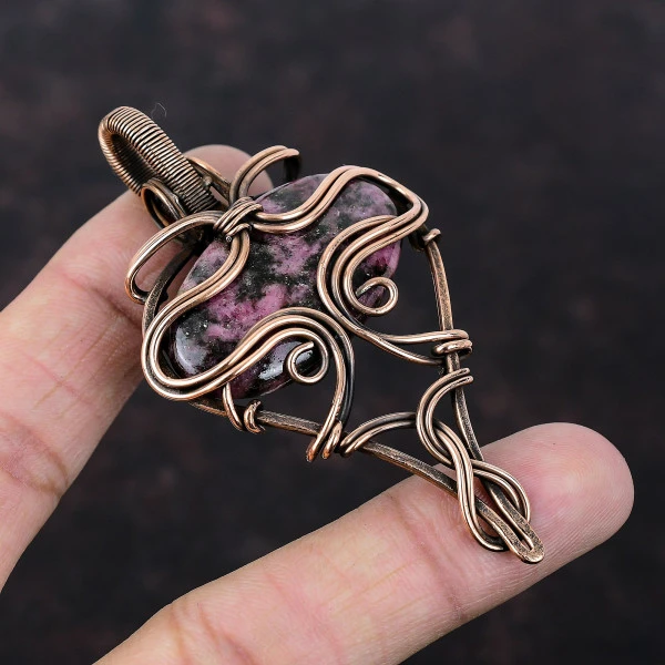 Rhodonite Oval Black Handmade Copper Wire Wrapped Pendant