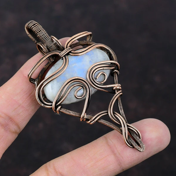Rainbow Moonstone Oval White Handmade Copper Wire Wrapped Pendant