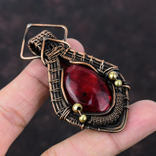 Red Fire Labradorite Oval Red Handmade Copper Wire Wrapped Pendant