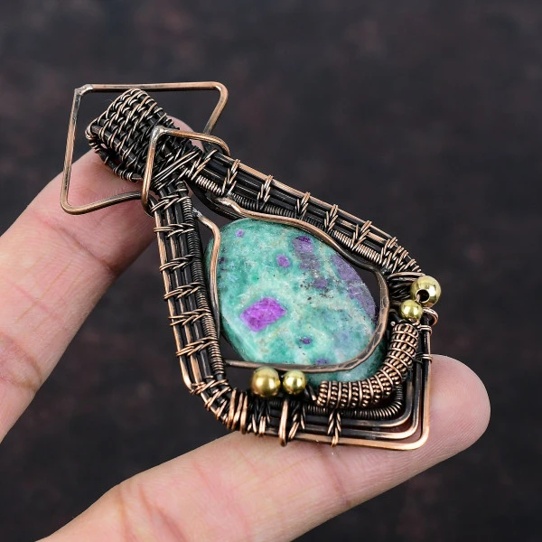 Ruby Fuchsite Oval Green Handmade Copper Wire Wrapped Pendant