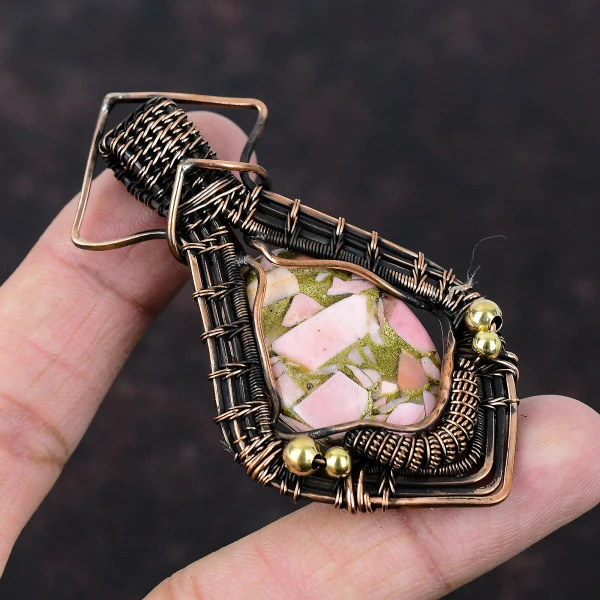 Copper Pink Opal Oval Pink Handmade Copper Wire Wrapped Pendant
