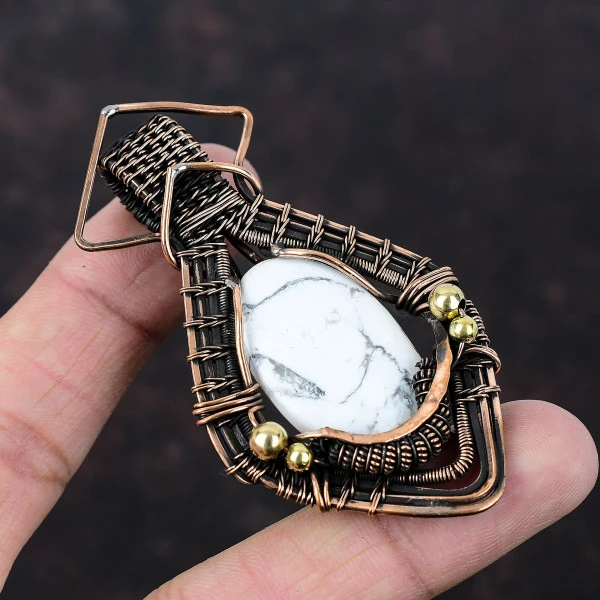 Howlite Oval White Handmade Copper Wire Wrapped Pendant