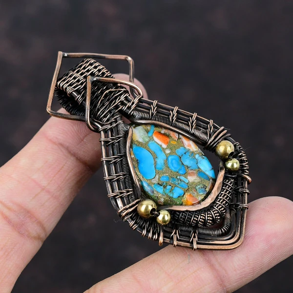 Spiny Oyster Copper Turquoise Oval Blue Handmade Copper Wire Wrapped Pendant