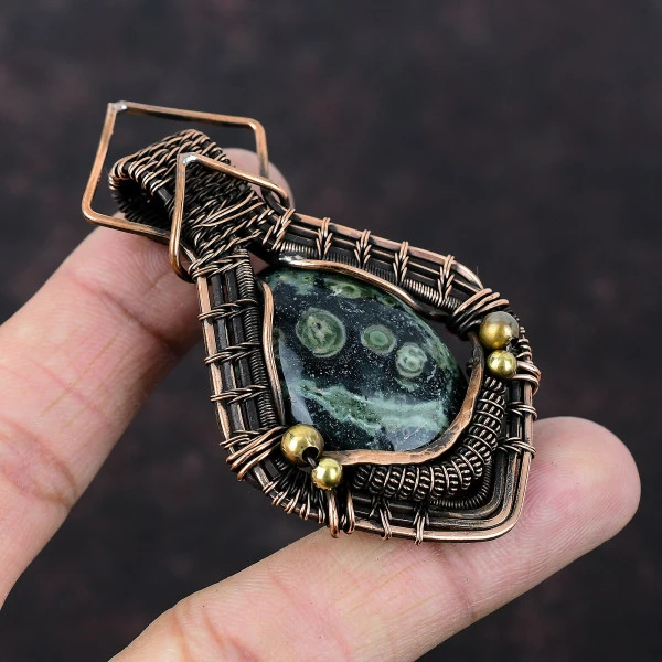 Kambaba Jasper Oval Green Handmade Copper Wire Wrapped Pendant