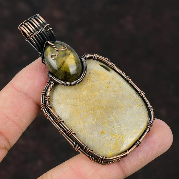 Fossil Coral Radiant Yellow Handmade Copper Wire Wrapped Pendant