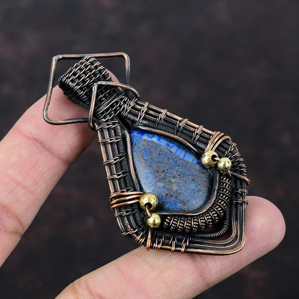 Azurite Malachite Oval Blue Handmade Copper Wire Wrapped Pendant