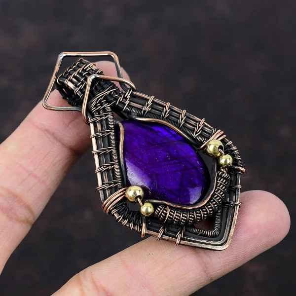 Purple Fire Labradorite Oval Purple Handmade Copper Wire Wrapped Pendant