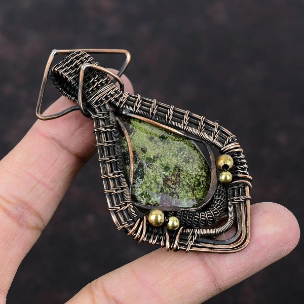Dragon Bloodstone Oval Green Handmade Copper Wire Wrapped Pendant