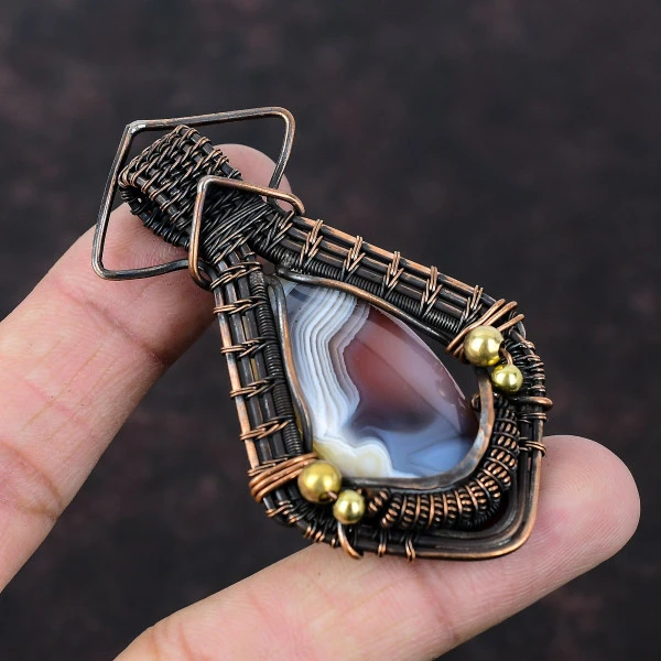Mexican Laguna Lace Agate Oval Red Handmade Copper Wire Wrapped Pendant