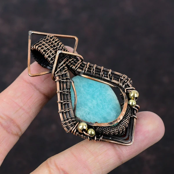 Amazonite Oval Green Handmade Copper Wire Wrapped Pendant