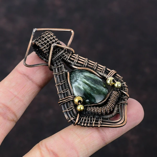 Seraphinite Oval Green Handmade Copper Wire Wrapped Pendant