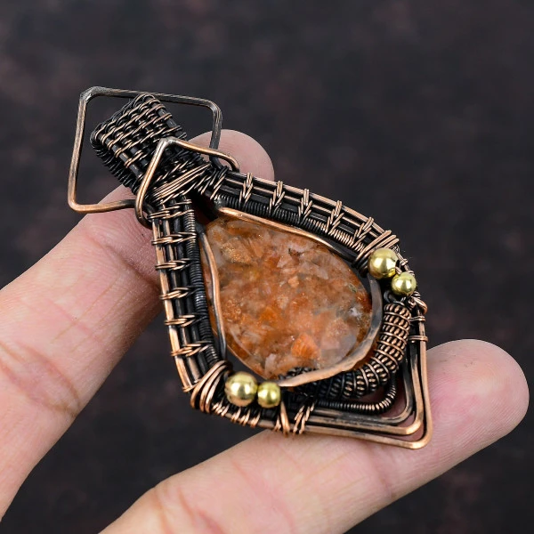 Sunstone Oval Orange Handmade Copper Wire Wrapped Pendant