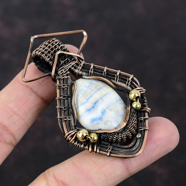 Blue Scheelite Oval Blue Handmade Copper Wire Wrapped Pendant