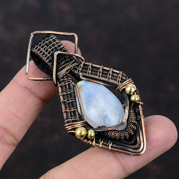 Rainbow Moonstone Oval White Handmade Copper Wire Wrapped Pendant
