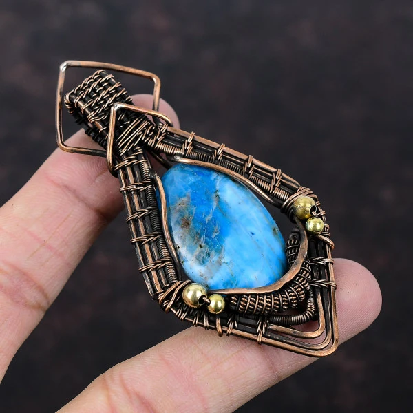 Neon Apatite Oval Blue Handmade Copper Wire Wrapped Pendant