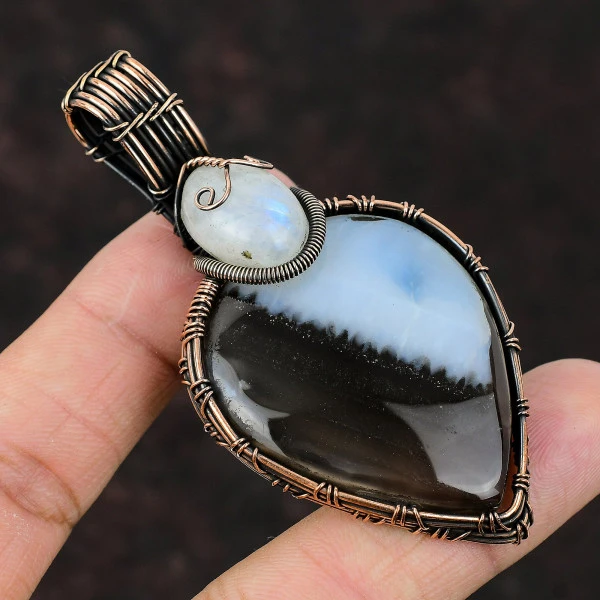 Owyhee Blue Opal Pear Black Handmade Copper Wire Wrapped Pendant