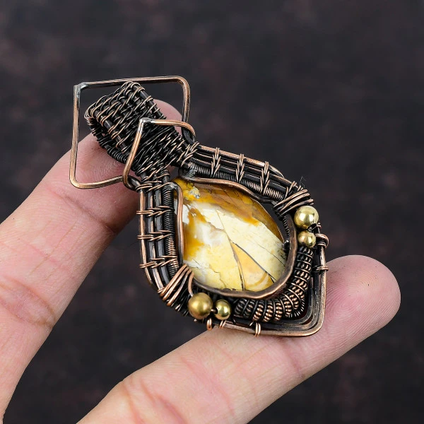 Brecciated Mookaite Oval Yellow Handmade Copper Wire Wrapped Pendant