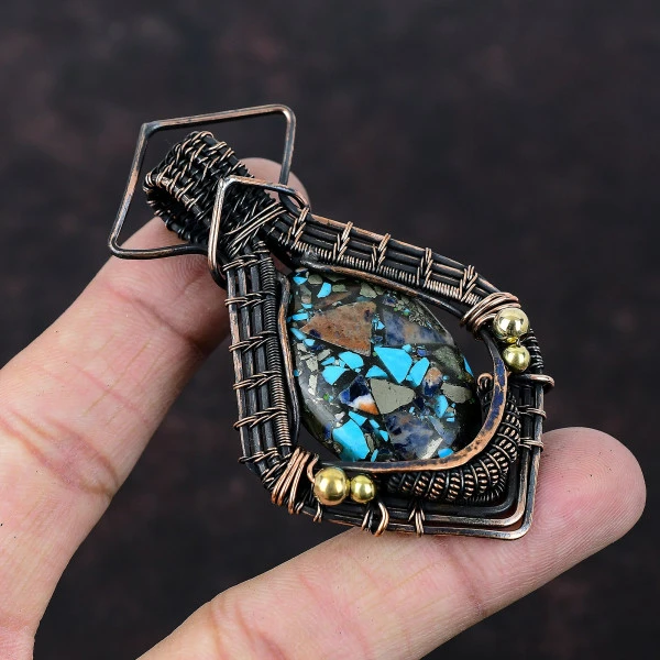 Copper Multi Turquoise Oval Blue Handmade Copper Wire Wrapped Pendant