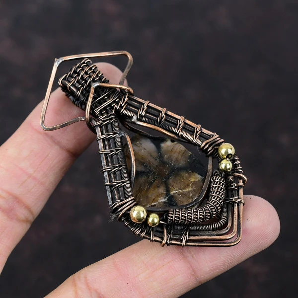 Chiastolite Pentagon Brown Handmade Copper Wire Wrapped Pendant