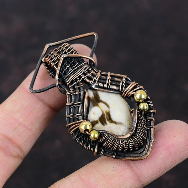 Peanut Wood Jasper Oval Brown Handmade Copper Wire Wrapped Pendant