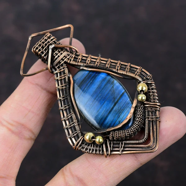 Labradorite Oval Gray Handmade Copper Wire Wrapped Pendant