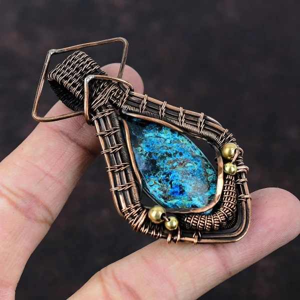 Shattuckite Oval Blue Handmade Copper Wire Wrapped Pendant