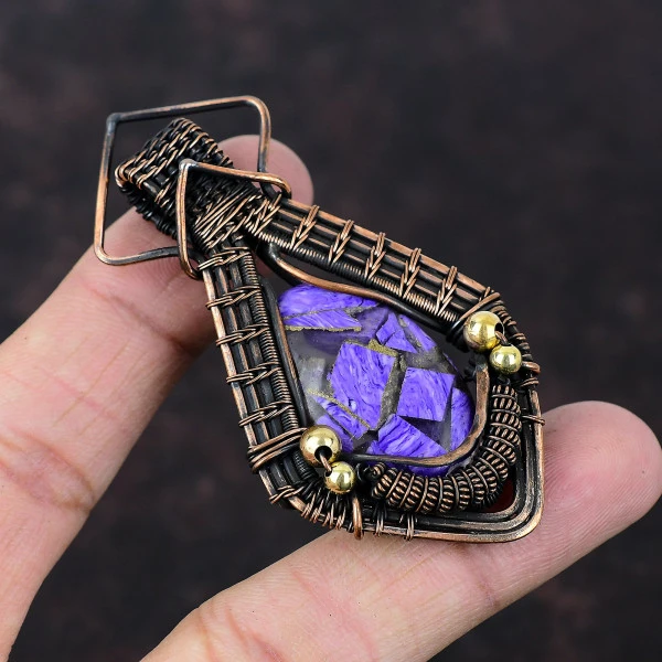 Copper Charoite Oval Purple Handmade Copper Wire Wrapped Pendant