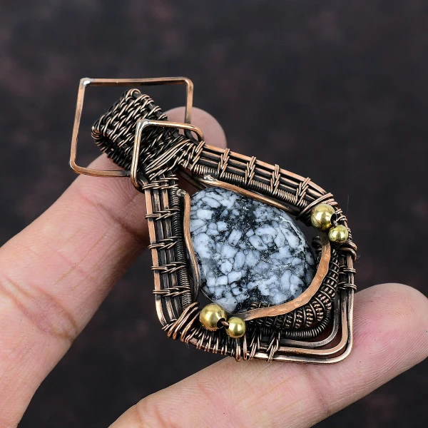 Pinolith Jasper Oval Black Handmade Copper Wire Wrapped Pendant