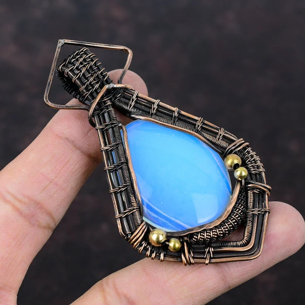 Milky Opal Oval White Handmade Copper Wire Wrapped Pendant